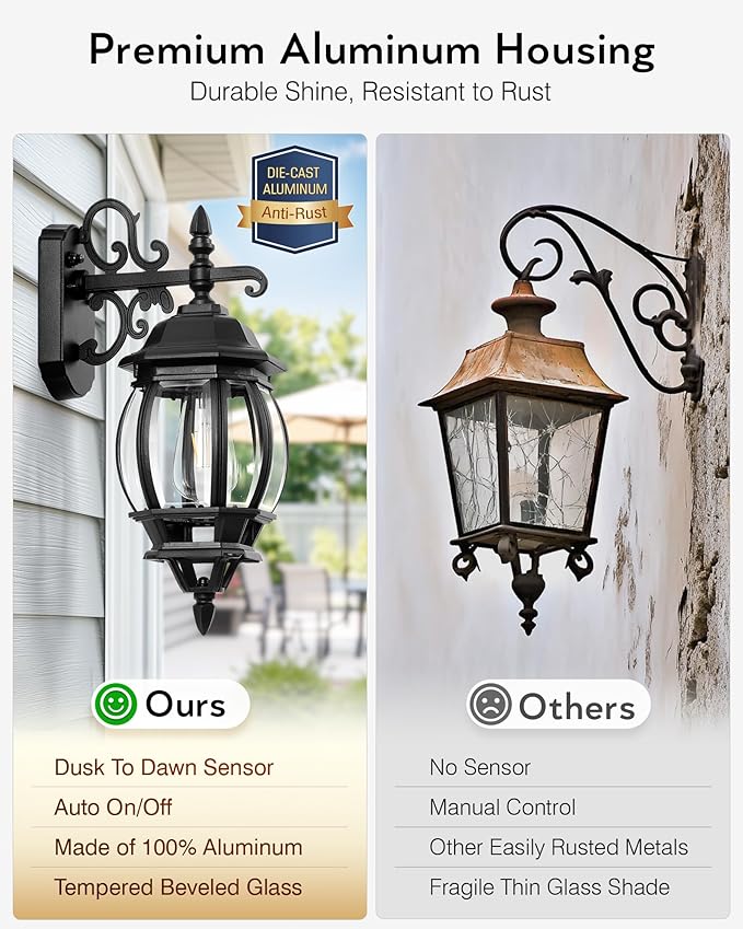 VIANIS Exterior Lighting Fixtures for House, Black Dusk to Dawn Front Porch Light Wall Mount with Tempered Bevel Glass, 100% Aluminum Waterproof Outdoor Wall Sconce Lantern for Garage Patio, Anti-Rust