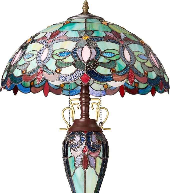 RIVER OF GOODS 24.5" H Victorian Green Dome Shade Double Lit Tiffany-Style Stained Glass Table Lamp
