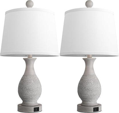 PARTPHONER Traditional Table Lamps Set of 2, Bedside Touch Lamp with USB C+A Charging Ports, Rustic Farmhouse Table Lamps for Living Room Bedroom, Side Table Lamp with White Fabric Shade, Antique Grey