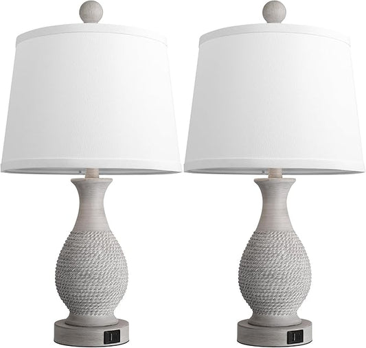 PARTPHONER Traditional Table Lamps Set of 2, Bedside Touch Lamp with USB C+A Charging Ports, Rustic Farmhouse Table Lamps for Living Room Bedroom, Side Table Lamp with White Fabric Shade, Antique Grey