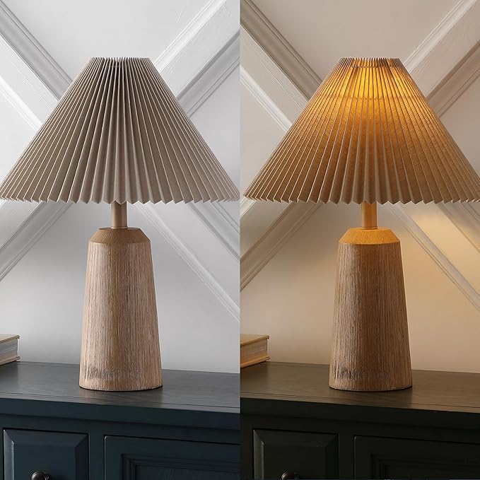 JONATHAN Y JYL1146A Arvid 20.5" Rustic Scandinavian Resin/Iron Lighthouse LED Table Lamp with Pleated Shade, Beige Wood Finish, for Bedroom, Living Room, Entry Console