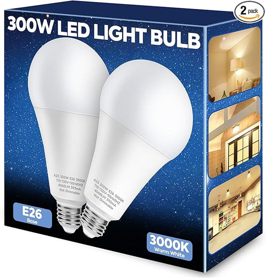 300W Equivalent LED Light Bulb, 4060LM Super Bright A23 LED Bulb, Warm White 3000K, 33W Energy Saving, E26 Medium Base, 120V for Garage, Warehouse, Shop, Supermarket, Non-Dimmable, 2 Pack