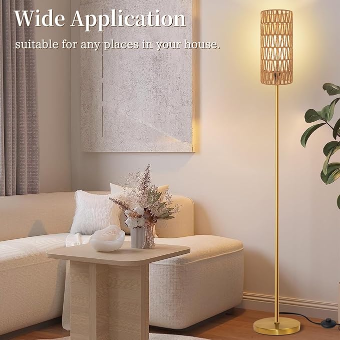 Floor Lamp for Living Room,Farmhouse Floor lamp,Modern Standing lamp with Hand-Worked Rattan Shade (Round Rattan Shade Gold Color-3 Color Bulb)