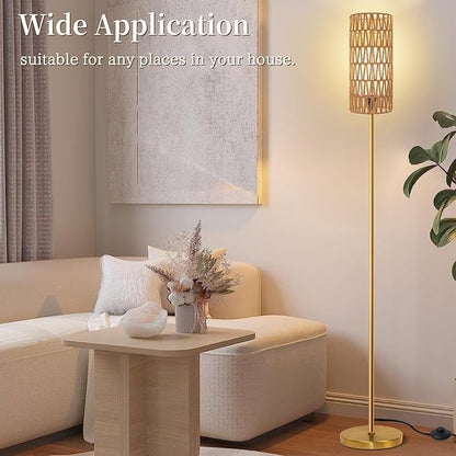 Floor Lamp for Living Room,Farmhouse Floor lamp,Modern Standing lamp with Hand-Worked Rattan Shade (Round Rattan Shade Gold Color-3 Color Bulb)