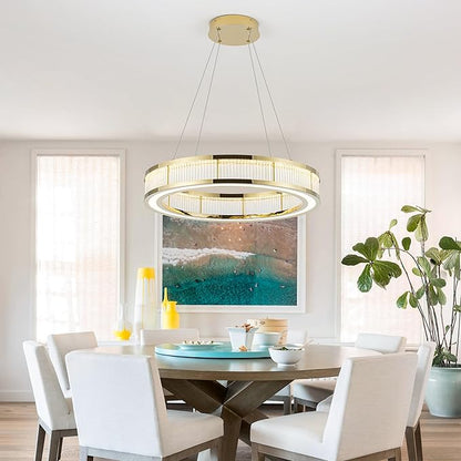 Modern Gold Led Pendant Light,50W Dimmable LED Chandelier Lighting Fixture, 1 Ring Circular Hanging Led Pendant Lighting for Living Room Dining Room Kitchen Island Foyer Office