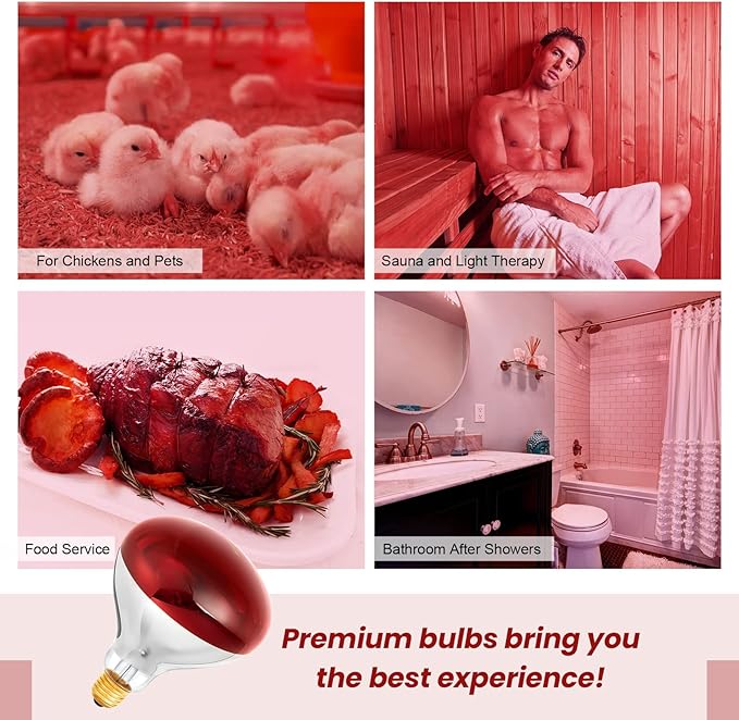 Treela 6 Pcs 110V 250W Red Infrared Bulbs Medium E26 Base, Red Heat Lamp Flood Light Bulbs Heat Light for Bathroom Chickens Brooder Pets