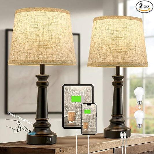 Touch Lamps for Nightstand Set of 2 - Black Table Lamp for Bedroom Dimmable Bedside Lamp with USB C+A Ports - Lamps for Night Stands Living Room End Table,2 LED Bulbs Included