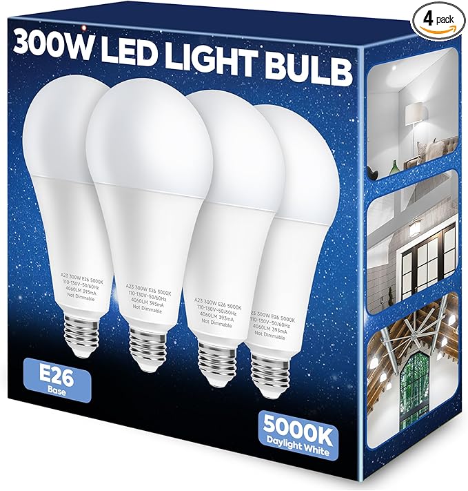 300W Equivalent LED Light Bulb, 4060LM Super Bright A23 LED Bulb, Daylight 5000K, 33W Energy Saving, E26 Medium Base, 120V for Garage, Warehouse, Shop, Supermarket, Non-Dimmable, 4 Pack
