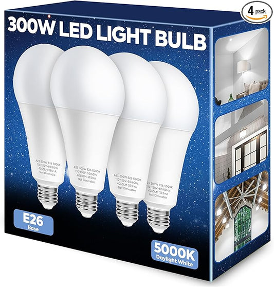 300W Equivalent LED Light Bulb, 4060LM Super Bright A23 LED Bulb, Daylight 5000K, 33W Energy Saving, E26 Medium Base, 120V for Garage, Warehouse, Shop, Supermarket, Non-Dimmable, 4 Pack