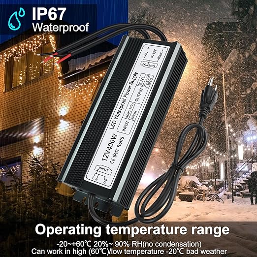 inShareplus 400W 12V Power Supply, AC 90-140V to DC 12 Volt 33.3A LED Driver, IP67 Waterproof Outdoor Low Voltage Transformer with Standard 3-Prong Plug for LED Light and Other 12V Products