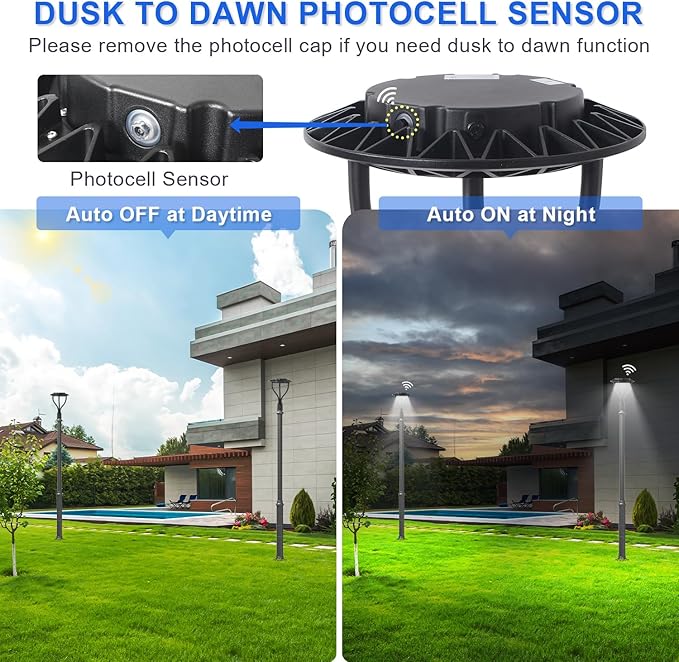 LED Post Top Light with Dusk to Dawn Photocell, 80W/100W/120W/150W Power Tunable, 3CCT 3000K/4000K/5000K Outdoor Post Pole Lights, IP65 LED Circular Area Light for Garden Yard Street, ETL DLC Listed