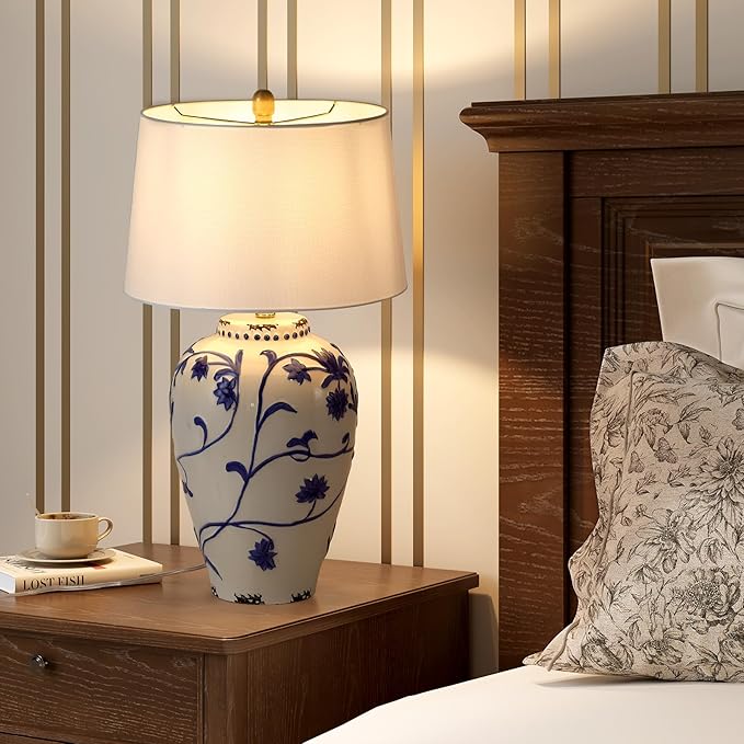 Tribesigns 27-Inch Table Lamp with Blue and White Porcelain Ginger Jar, Embossed Floral Ceramic Base with Fabric Shade for Living Room, Entryway, Nightstand for Bedroom