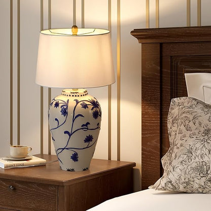 Tribesigns 27-Inch Table Lamp with Blue and White Porcelain Ginger Jar, Embossed Floral Ceramic Base with Fabric Shade for Living Room, Entryway, Nightstand for Bedroom