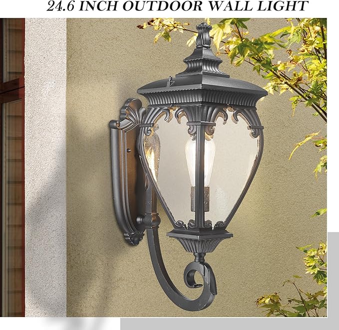 Large Outdoor Wall Lights Exterior Lighting Fixtures, 24.6 Inch Waterproof Large Outdoor Lanterns for Porch Light Fixture, Black Exterior Sconce Light for Outside House Garage Patio