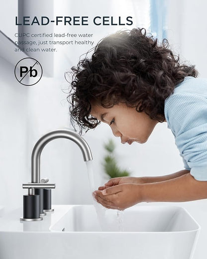 FORIOUS Brushed Nickel and Matte Black Bathroom Faucet 8 Inch, Black Widespread Bathroom Sink Faucet 3 Hole with Pop Up Drain and Supply Line, 2 Handle Stainless Steel Vanity Room Remodel
