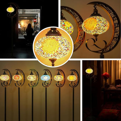 3D Crescent Moon Turkish Floor Lamp - 60 Inch Boho Lamp, 8 Inch Stained Glass Shade, Handmade for Living Room, Bulb Included (Multicolor,YUELFL-06)