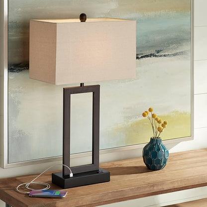 360 Lighting Todd Modern Minimalist Table Lamp with USB Charging Ports A+C and AC Power Outlet in Base 30" Tall Bronze Rectangular Oatmeal Fabric Shade Living Room Bedroom House Bedside Nightstand