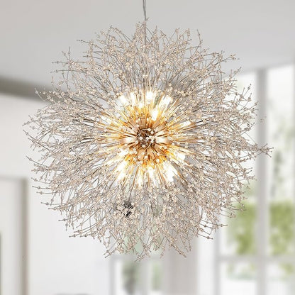 Large Fireworks Crystal Chandelier, 16-Light Gold Dandelion Pendant Lighting Fixtures, 80W LED Crystal Sputnik Hanging Lights for Hallway Living Room Bedroom
