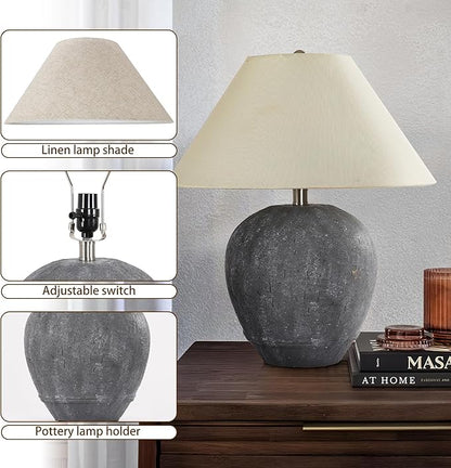Farmhouse Ceramic Table Lamp Set of 2, 21" Rustic Table Lamp with Linen Shade, 3-Way Dimmable Bedside Nightstand Lamps for Bedroom, Living Room, E26 Socket, Dark Grey