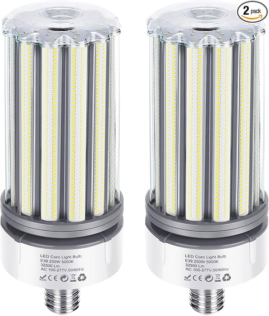 2 Pack 250W LED Corn Lights Bulb, E39 Mogul Base 5000K Daylight 32500LM Lamp, Replacement 950W att CFL HPS Metal Halide Bulbs, Large Area Lamp for Factory, Garage, Warehouse High Bay Lighting