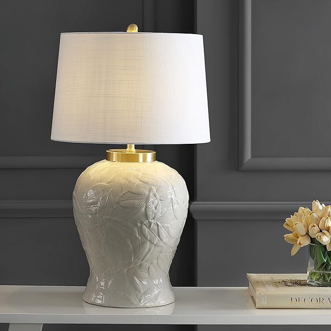 JONATHAN Y JYL6617A 31.5" Bohemian Palm Leaf Ceramic Table Lamp, Cream Cottage Bedside Lamp for Living Room, Bedroom Nightstand, Coastal End Table Lamp with White Linen Shade, LED Bulb Included