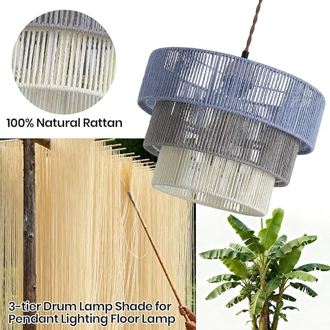 Boho Rattan Lamp Shade in Pastel Blue Gray & White, 3-Tier Drum Style Replacement Shade for Pendant, Chandelier, Floor Lamp, Rustic Hand-Woven Cover for Living Room, Kitchen, Bedroom, Office
