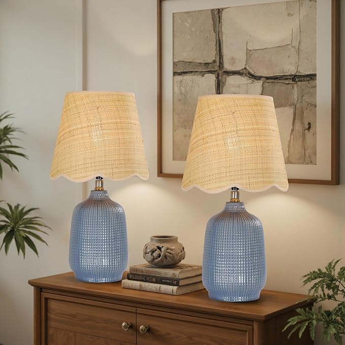 19" Boho Ceramic Table Lamp Set of 2, Handmade Ceramic Base with Rattan Shade, Farmhouse Plug-in Bedside Nightstand Lamps for Bedroom, Living Room, E26 Socket, Navy Blue