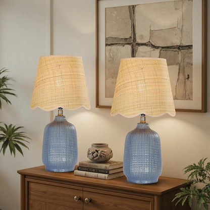 19" Boho Ceramic Table Lamp Set of 2, Handmade Ceramic Base with Rattan Shade, Farmhouse Plug-in Bedside Nightstand Lamps for Bedroom, Living Room, E26 Socket, Navy Blue