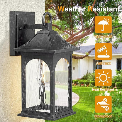 Porch Lights Outdoor Wall Light Fixtures 12.8 Inch with Water Ripple Glass, Black Wall Sconces Set of Two,Waterproof Aluminum Outside Lights for House Front Door Garage
