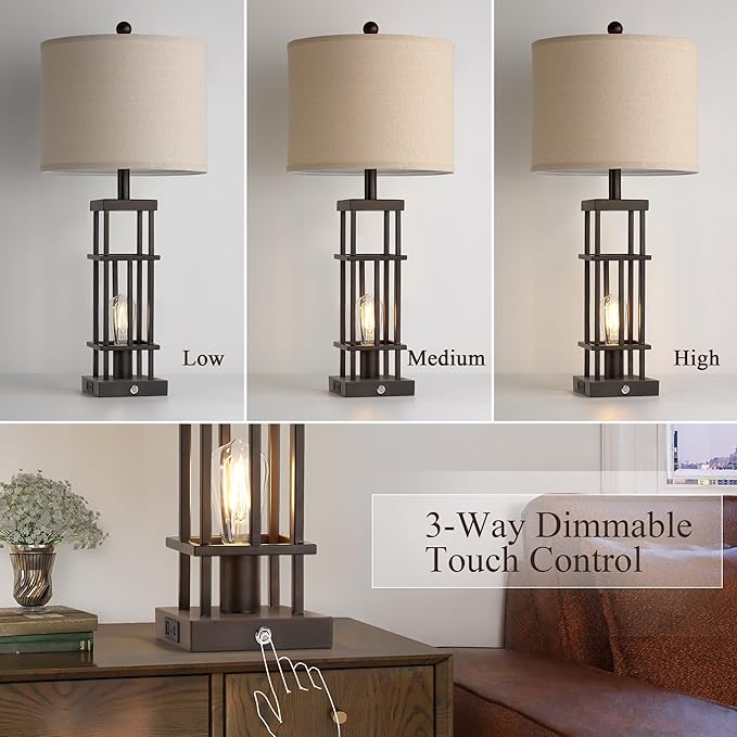 29.5" Table Lamps for Living Room Set of 2, Farmhouse Table Lamps with USB C+A Ports, Touch Control Bedside Lamps with Oil Rubbed Bronze Finish, Bulbs Included