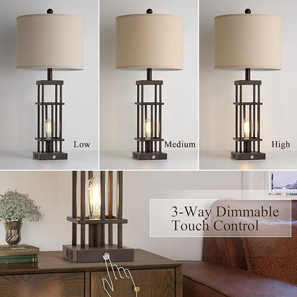 29.5" Table Lamps for Living Room Set of 2, Farmhouse Table Lamps with USB C+A Ports, Touch Control Bedside Lamps with Oil Rubbed Bronze Finish, Bulbs Included
