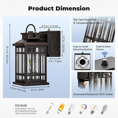 Dusk to Dawn Porch Lights with GFCI Outlet, Outside Lighting Fixtures for House, Oil Rubbed Bronze Exterior Garage Light Fixtures with Gold Trim, Anti-Rust Outdoor Sconce Light for Patio, Coach