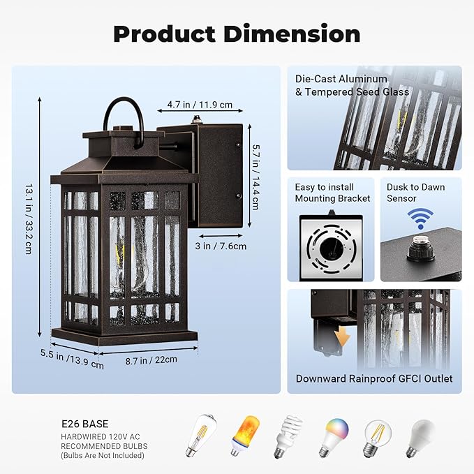 Porch Lights Outdoor with GFCI Outlet, Modern Oil Rubbed Bronze Exterior Lighting Fixtures with Gold Trim, Aluminum Waterproof Outdoor Light Fixtures Wall Mount for Garage, Garden, Entrance