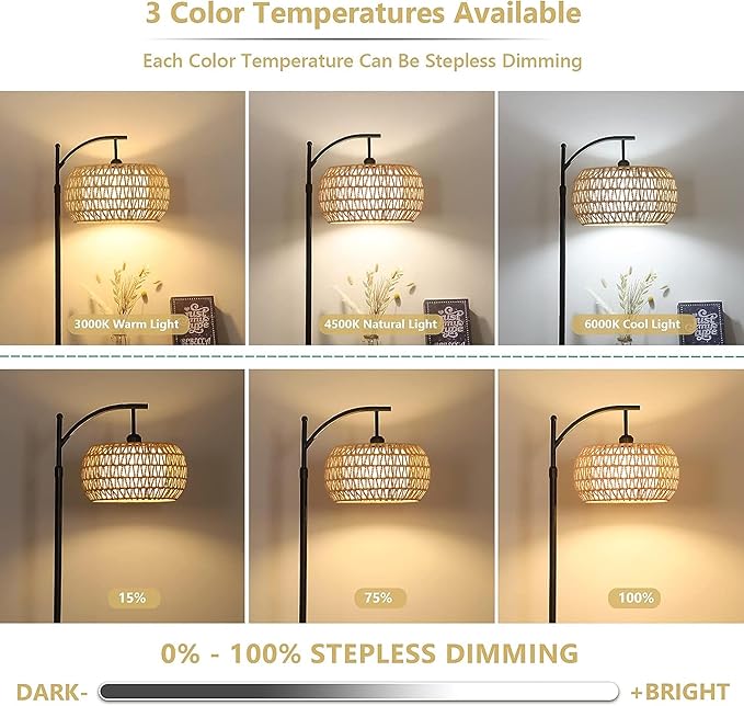 Arc Rattan Floor Lamp for Living Room with 3 Color Temperatures,Farmhouse Floor Lamps with Remote & Dimmable Bulb,Boho Standing Lamp with Wicker Shades,Adjustable Tall Lamp for Bedroom Office Reading