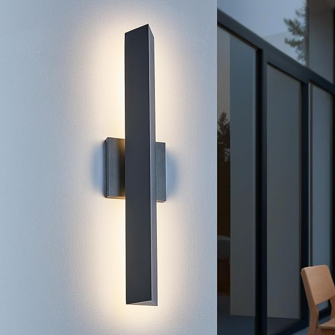 Modern Minimalist 20W LED Outdoor Wall Light, IP65 Waterproof, 1700 Lumens Warm White, Black Textured Aluminum & Frosted Glass, Wall-Mounted Porch Lights for Garage, Patio, Entryway