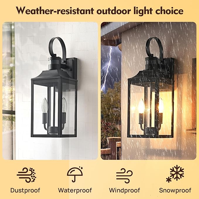 18.9" Black Motion Sensor Outdoor Wall Lantern, 2-Light Farmhouse Porch Light with Clear Glass Waterproof Exterior Light Fixture for Porch, Patio, and Garage 1 Pack Bulb Included