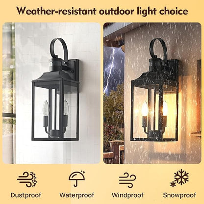 18.9" Black Motion Sensor Outdoor Wall Lantern, 2-Light Farmhouse Porch Light with Clear Glass Waterproof Exterior Light Fixture for Porch, Patio, and Garage 1 Pack Bulb Included