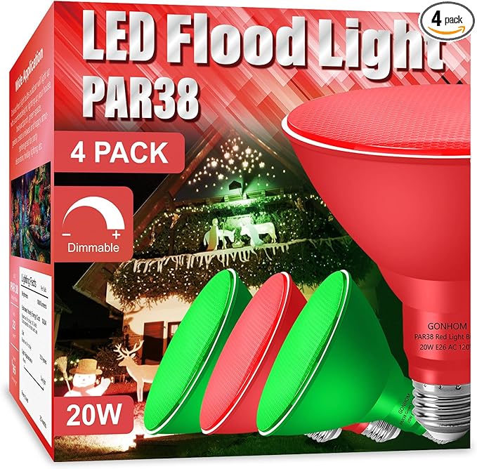 PAR38 Flood Lights Outdoor,Dimmable LED Flood Light Bulbs,20W(Equivalent to 200W),E26 Base,Outdoor Porch,Holiday Lighting,LED Flood Light Bulb for Halloween,Christmas,4 Pack Red Green