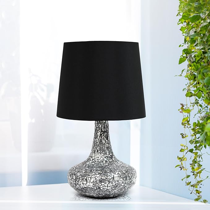 Simple Designs LT1143-BLK Colored Glass Fusion Montage Table Lamp and Matching Faux Silk Shade for Entryway, Living Room, Hallway, Bedroom, Office, Black