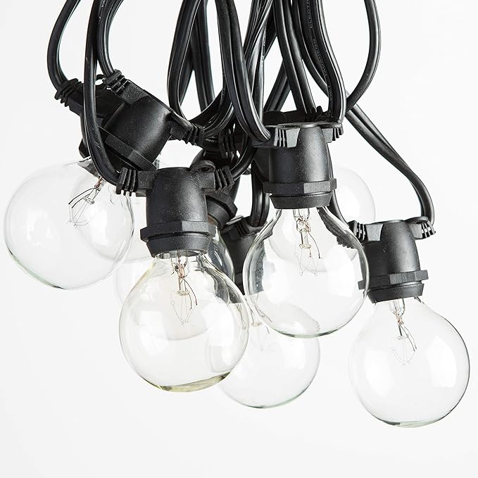 Hometown Evolution, Inc. 25 Foot C9 Commercial Exterior Globe String Lights with 20 G50 2 Inch Clear Bulbs (Black Wire) for Weatherproof Heavy Duty Vintage Outside Lighting