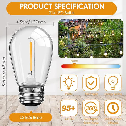 Mudder 60 Pack Light Bulbs 1w Replacement LED Light Bulbs S14 Shatterproof Waterproof String Lights Outdoor Indoor LED Lights Patio Bulb, E26 110v Regular Base(Warm White,60 Pack)
