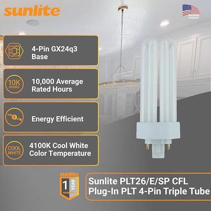 Sunlite PLT26/E/SP Compact Fluorescent Plug-in PLT 4-Pin Triple Tube, 26 Watts, 4-Pin GX24q3 Base, 1800 Lumens, 4100K Cool White, 10 Pack
