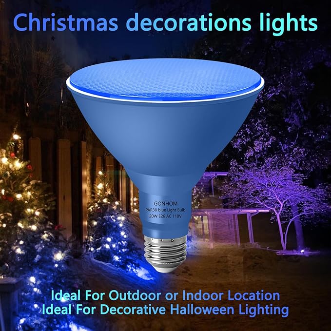 2 Pack PAR38 Blue Led Light Bulbs, Dimmable, 20W, E26 Base, Outdoor Indoor, Christmas Lighting, 1800 LM, Long Lifespan