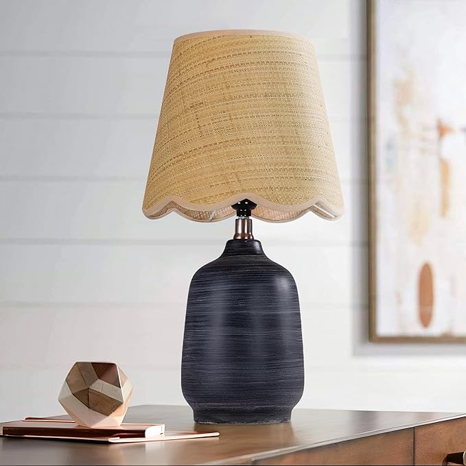 19" Boho Ceramic Table Lamp, Handmade Ceramic Base with Rattan Shade, Farmhouse Plug-in Bedside Nightstand Lamps for Bedroom, Living Room, E26 Socket, Black with White Striped