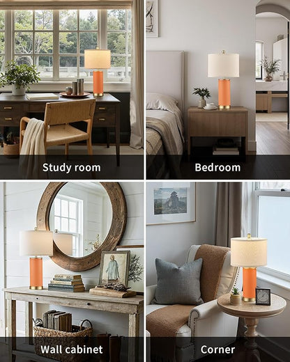 KDG 23.4" Orange PU Leather Table Lamps for Living Room Set of 2, 3 Level Brightness LED Modern Home Decor Fabric Lampshade Desk Lamp Lighitng for Bedroom, Bedside, Farmhouse, Nightstand, Night Light
