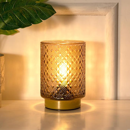 Battery Operated Lamp with Timer, Small Vintage Table Lamp, Glass Cordless Lamps Bedside Battery Lamp for Living Room, Entryway, Shelf Decor Diamond Design-Amber