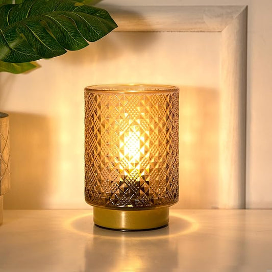 Battery Operated Lamp with Timer, Small Vintage Table Lamp, Glass Cordless Lamps Bedside Battery Lamp for Living Room, Entryway, Shelf Decor Diamond Design-Amber