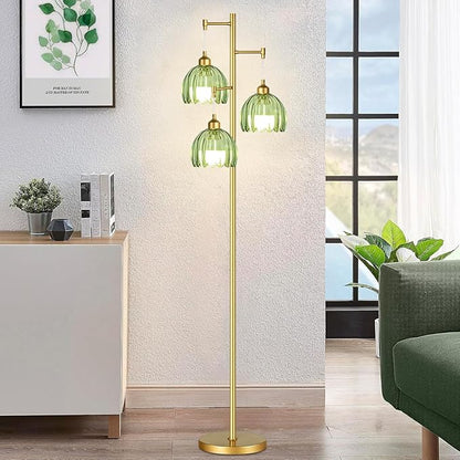 Glass Floor Lamp for Living Room,Bedroom,Gold Mid Century Modern Standing Lamp Brass Tree 3 Light Tall Floor Lamps Vintage Retro Floor Lights Green Flower Lamp Shade Farmhouse Boho Bohemian