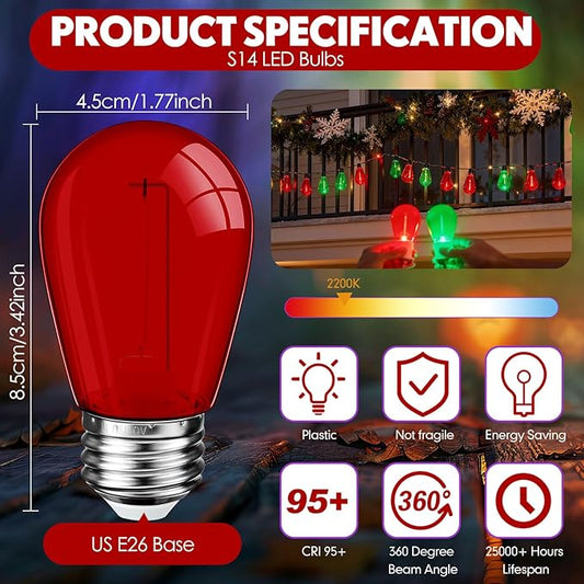 Mudder 60 Pack Light Bulbs 1w Replacement LED Light Bulbs S14 Shatterproof Waterproof String Lights Outdoor Indoor LED Lights Patio Bulb, E26 110v Regular Base(Red and Green,60 Pack)