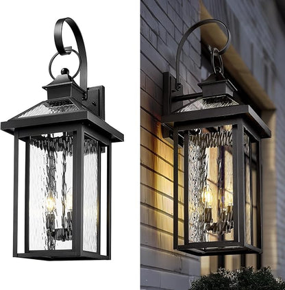 zeyu Extra Large Outdoor Wall Lighting, 31.3 Inch Exterior 3-Light Wall Lamp for Patio, Die-Cast Aluminum with Water Ripple Glass, Black Finish, ZW114BL BK-SW